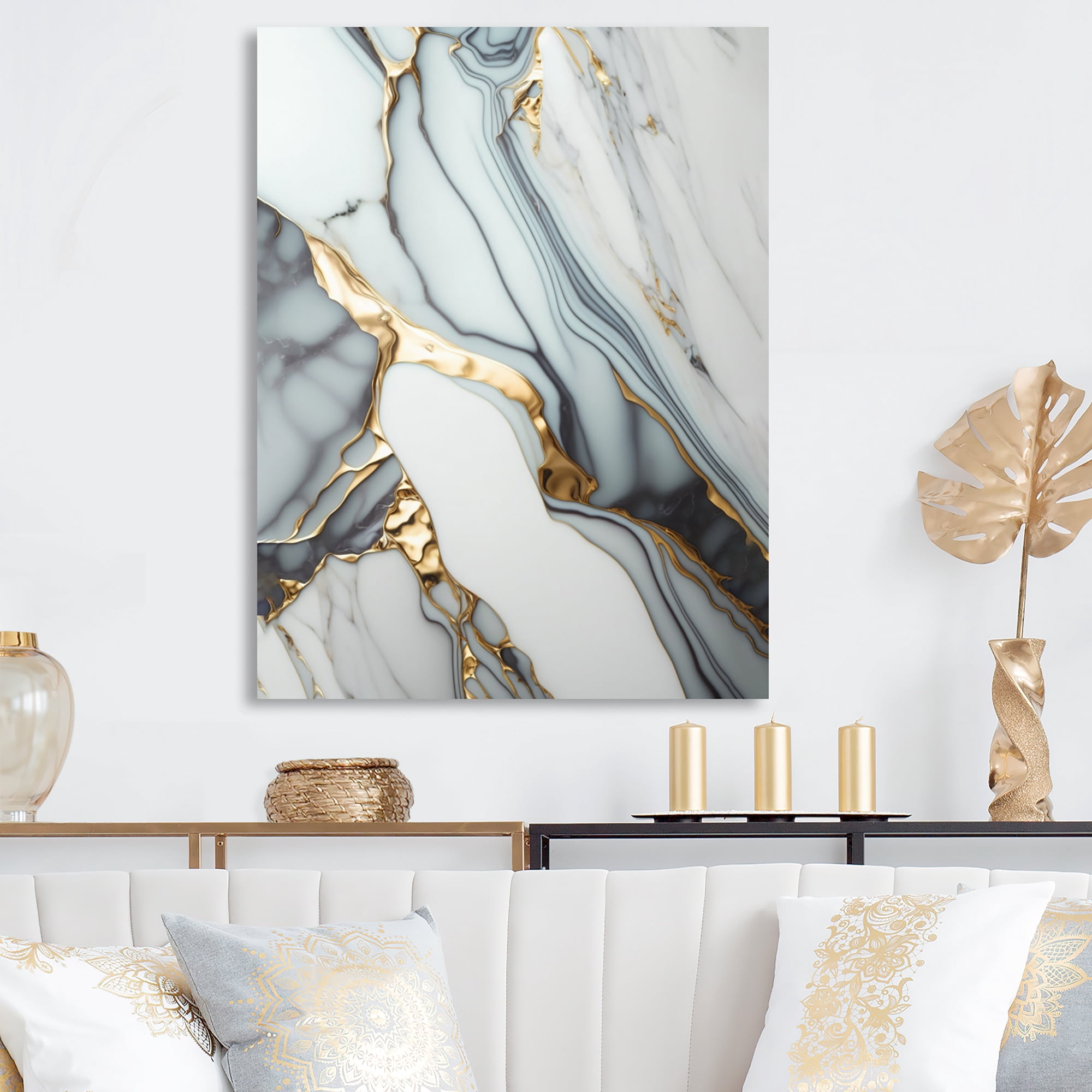 Designart Abstract Geode Gold And White Marble V Canvas Wall Art