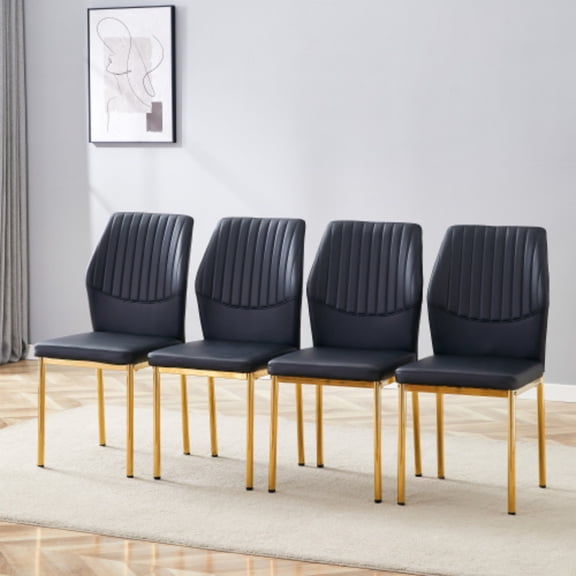 SUDICA Simple Chair - PU Material High Resilience Dining Chair with Metal Gold Leg.The Chair Back Has a Vertical Stripe Design with Smooth and Uniform Lines.