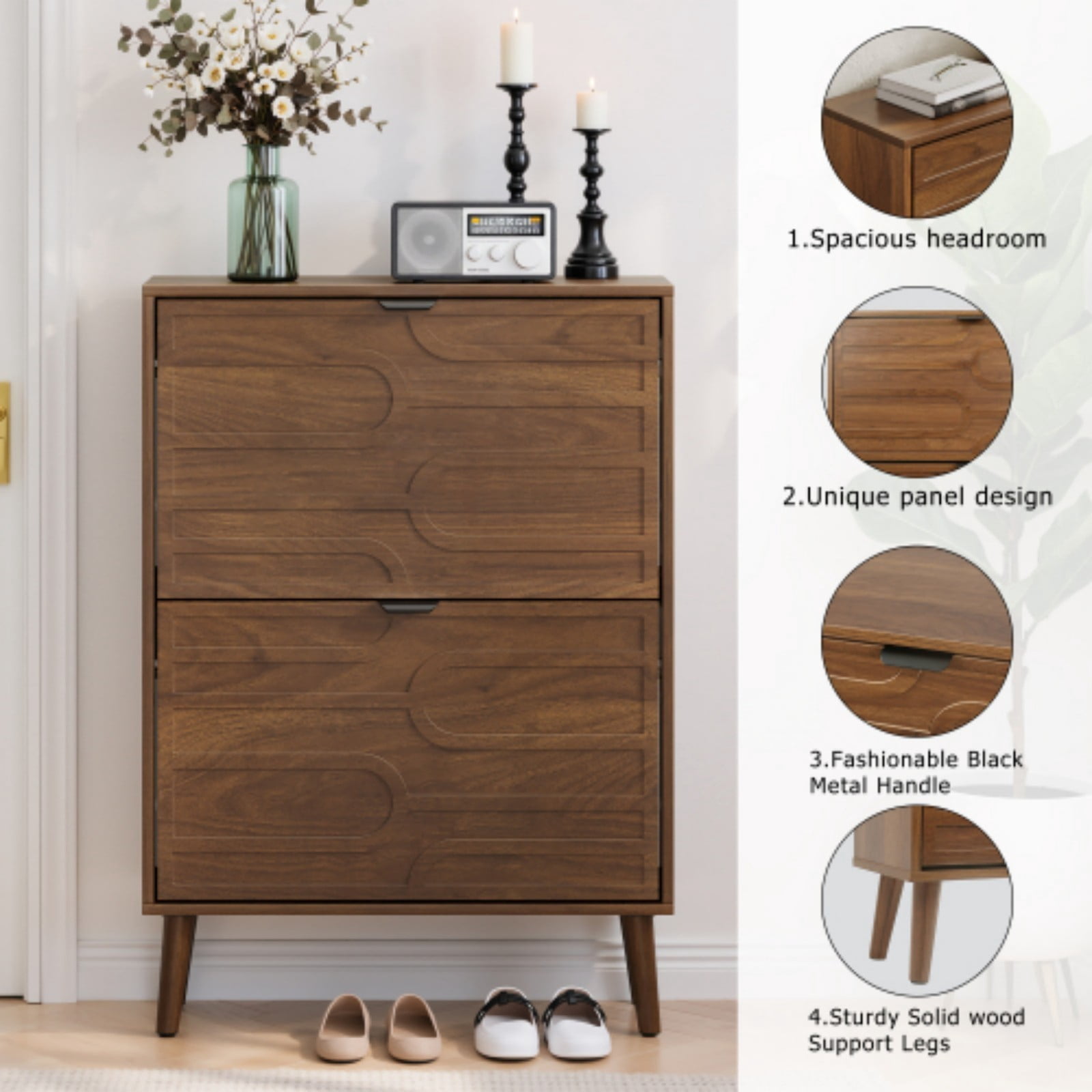 Medieval Modern Shoe Cabinet, 24" Walnut Entryway Shoe Storage Cabinet with 2 Flip Drawers, Slim Freestanding Shoe Organizer for Hallway, Corridor, Entryway