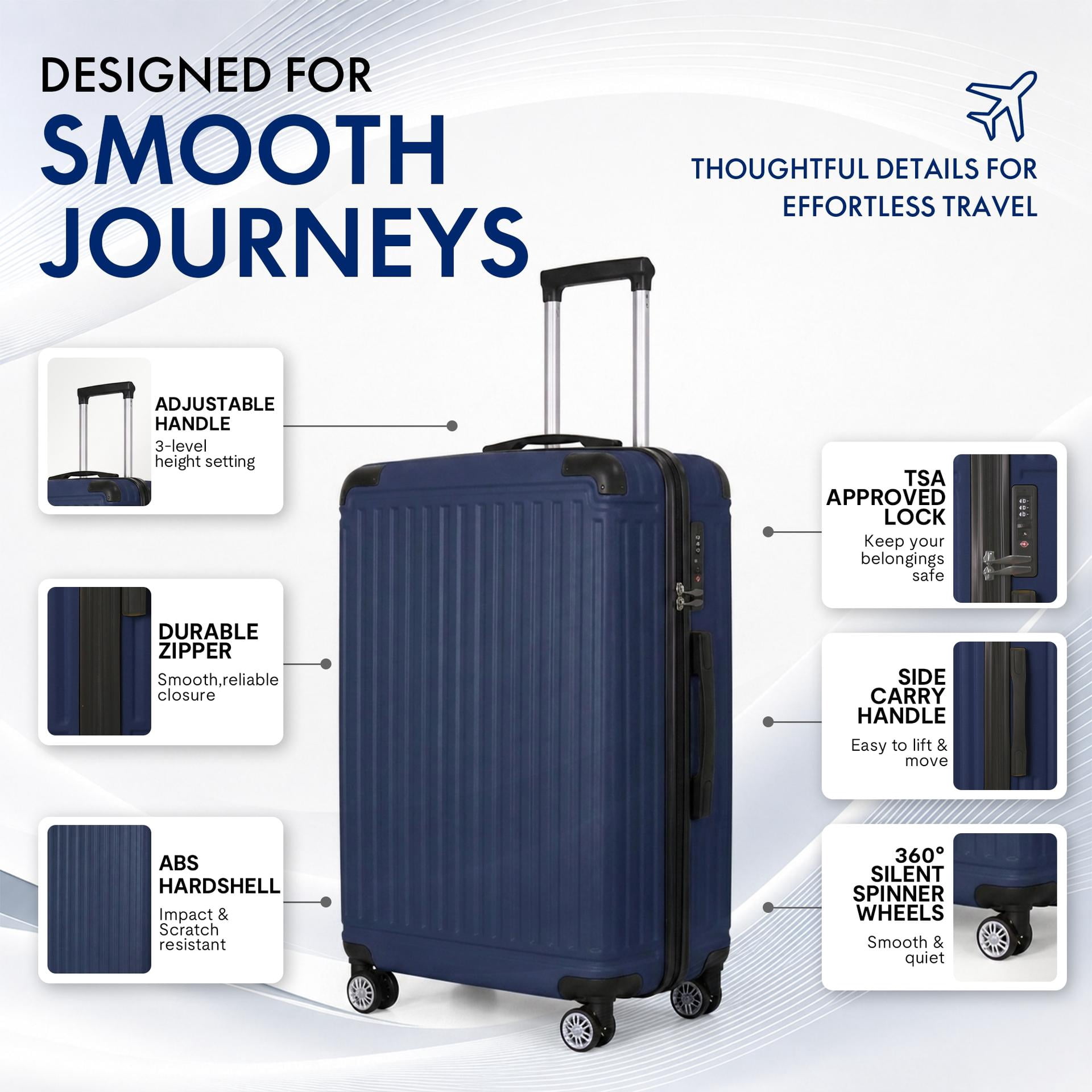 3-Piece ABS Hardshell Luggage Set - Lightweight Durable Suitcases with 4 Silent Spinner Wheels, TSA Lock & Scratch-Resistant Surface, 20"/24"/28", Navy Blue
