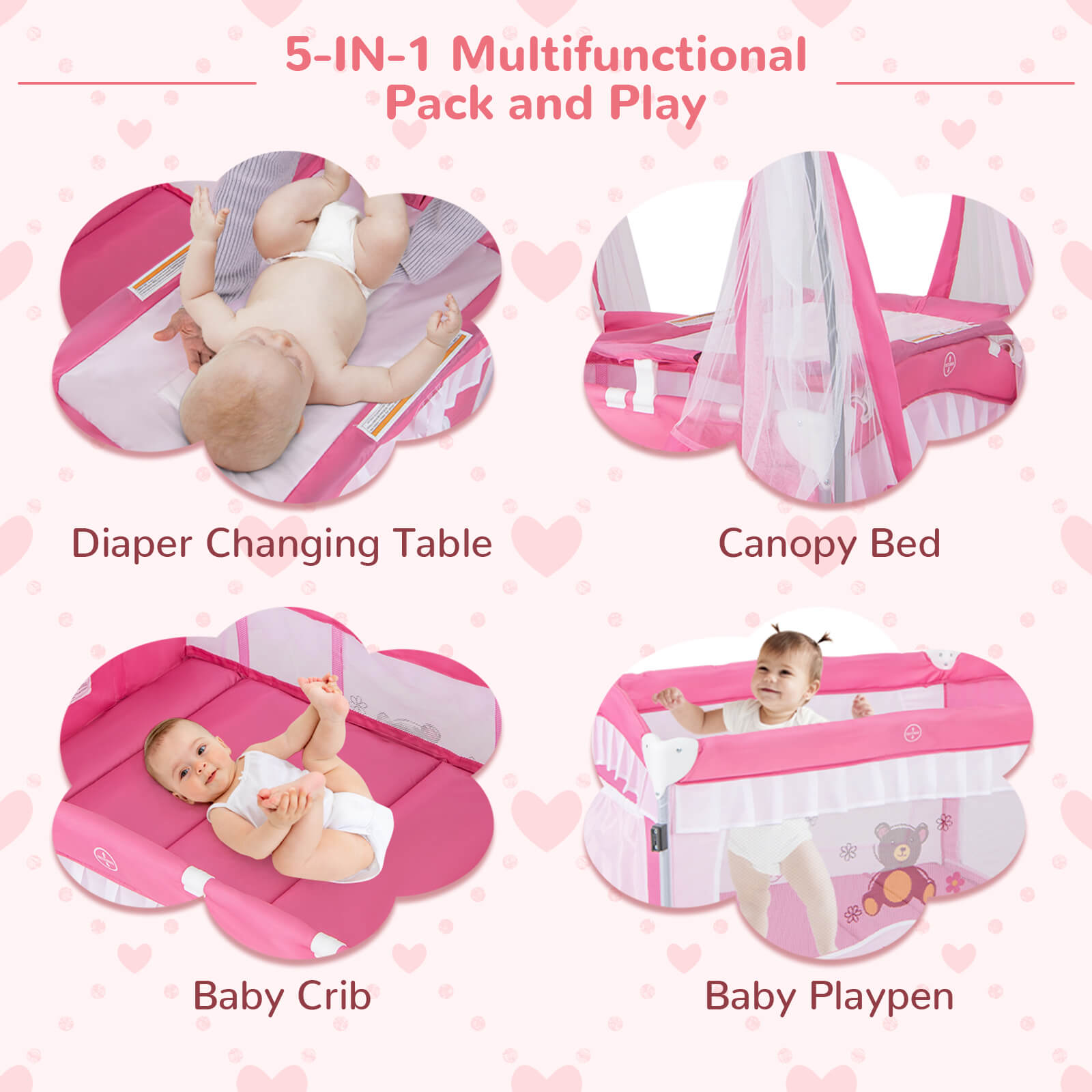 Costway 4-in-1 Baby Playard Crib with Changing Table, Pink photo 6