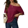 thumbnail image 2 of Women'S Summer Tops Oversized Short Sleeve Shirts Casual Loose Lace Patchwork T-Shirt Outfits Wine Red XL, 2 of 6