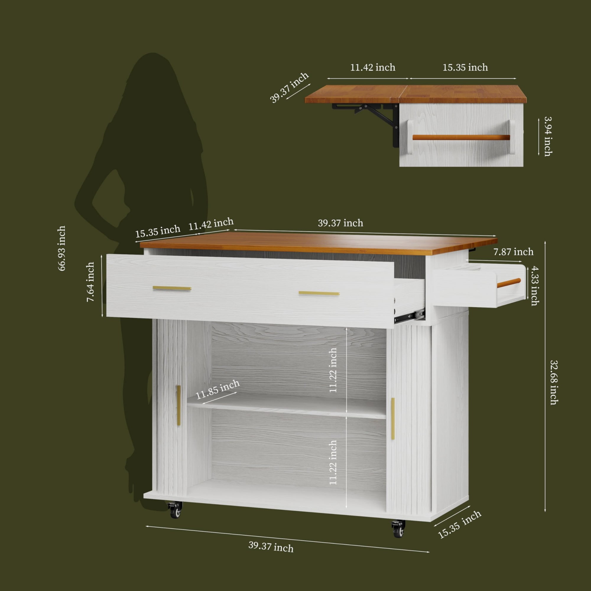 Rolling Kitchen Island Cart with Drop Leaf, Mobile Kitchen Cart on Wheels with Sliding Door, Drawer & Storage Rack, White