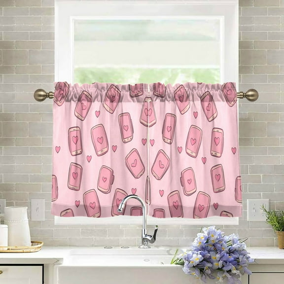 Yayeee Kitchen Curtains Tier Pair Light Filtering 27"x24" Rod Pocket Short Cafe Window Panel, Phones and Hearts
