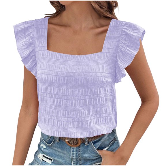 YHAJDS Women's Short Sleeve Tops Summer Tops Blouses Solid Color Neck Flounce Hem Blouse Elegant Casual Tunic Top