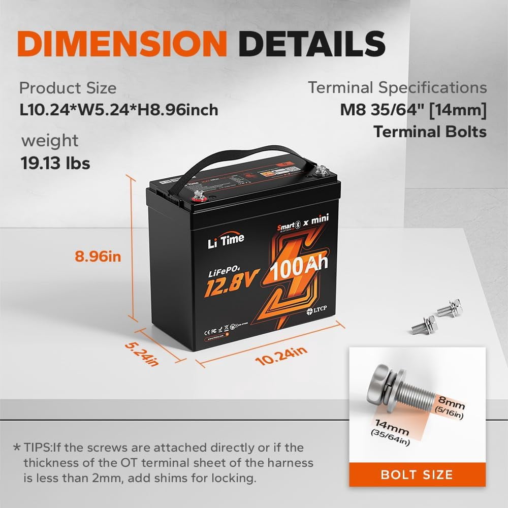 LiTime 12V 100Ah MINI LiFePO4 Battery 100A BMS Bluetooth Lithium Battery for RV Travel Trailers