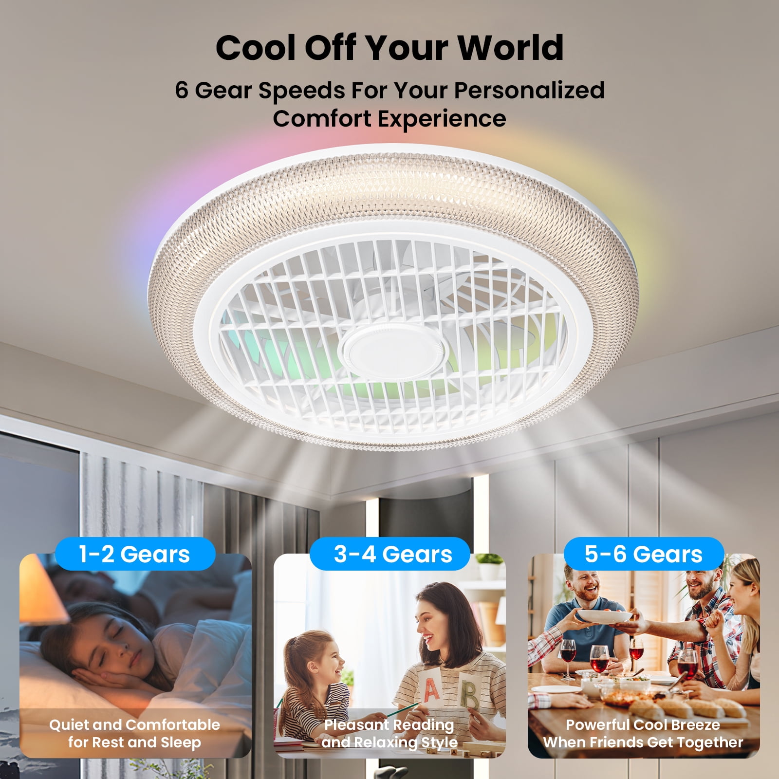 BLITZWILL 16" Ceiling Fan with Lights, With RGB Back Ambient Light,Remote & APP Control,Dimmable Color Temperature and 6 Wind Speeds & Timing,Bladeless Enclosed Ceiling Fans