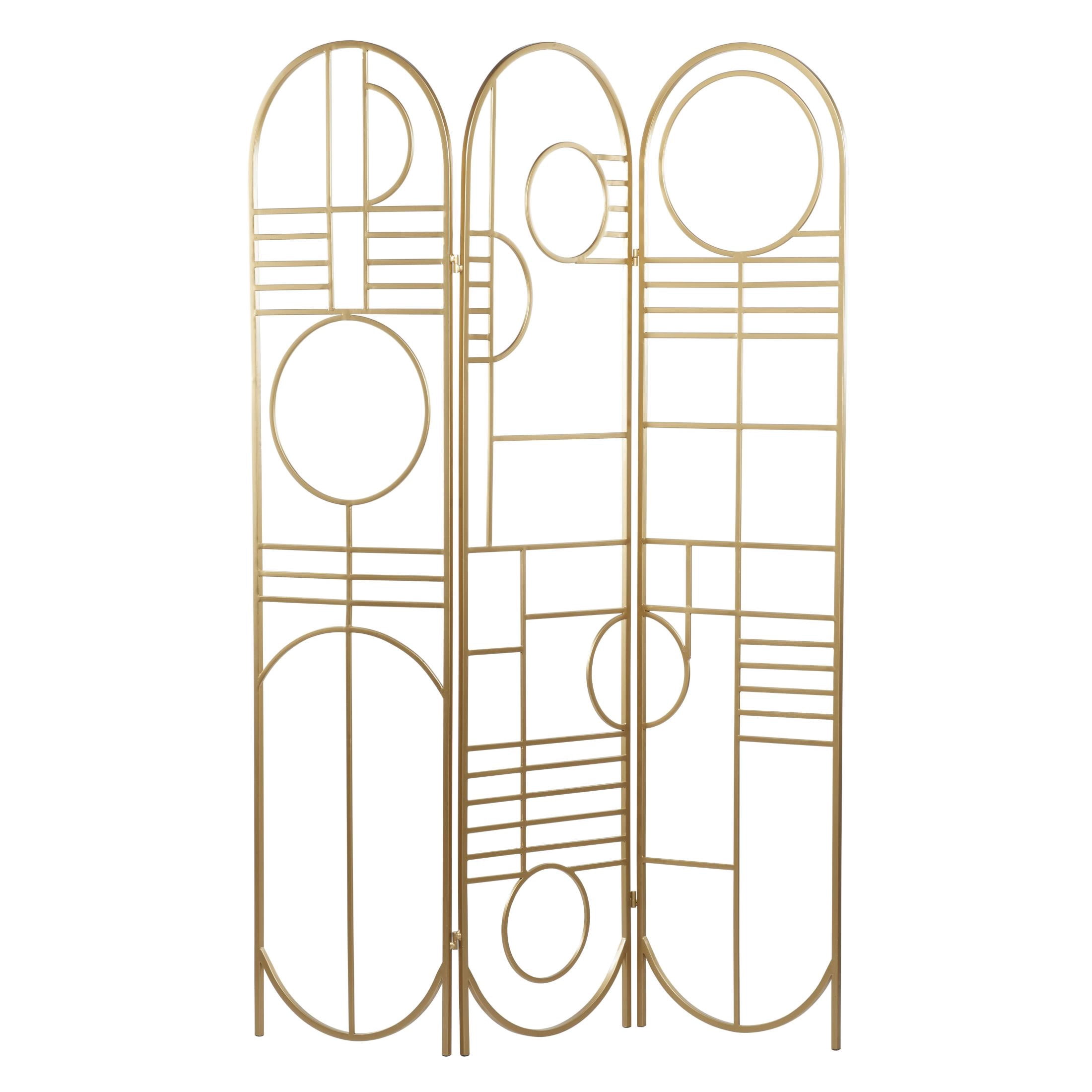 DecMode Modern 3 Panel Metal Room Divider Screen with Geometric Pattern and Gold Finish, 50"W x 69"H