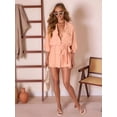 thumbnail image 6 of Women'S Collar V Neck Button Down Pleated 3/4 Sleeve Mini Shirt Dress with Belt Peach L, 6 of 9