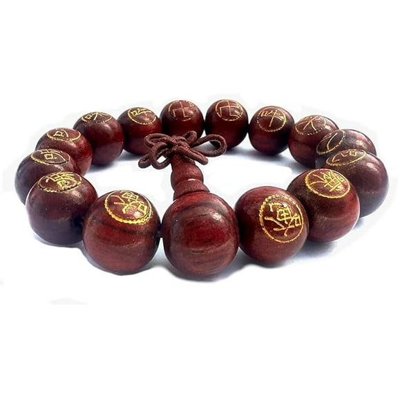Purple Whale Unisex Tibetan Buddhist Wood Prayer Beads Bracelet, Chinese Calligraphy Words Engraved Feng Shui Bracelet, Elasticated Wrist Accessory, 7.5 Inches