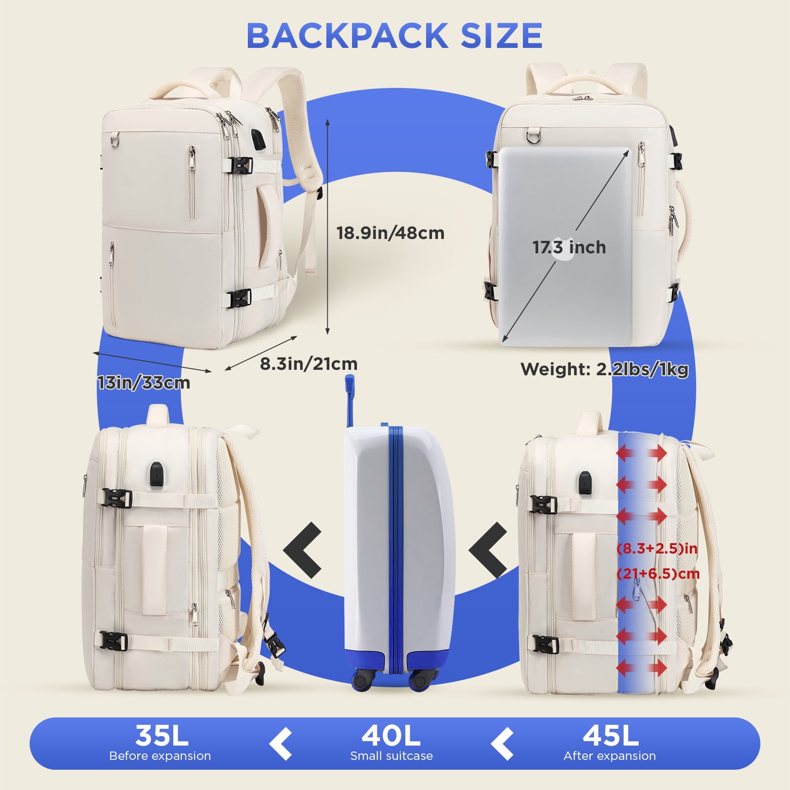 XJ-HOME Large Carry-On Backpack for Travel, Airline Approved Backpack with Charging Port, Waterproof Personal Item Bag for Women Men, Fits 17.3" Laptop, Beige