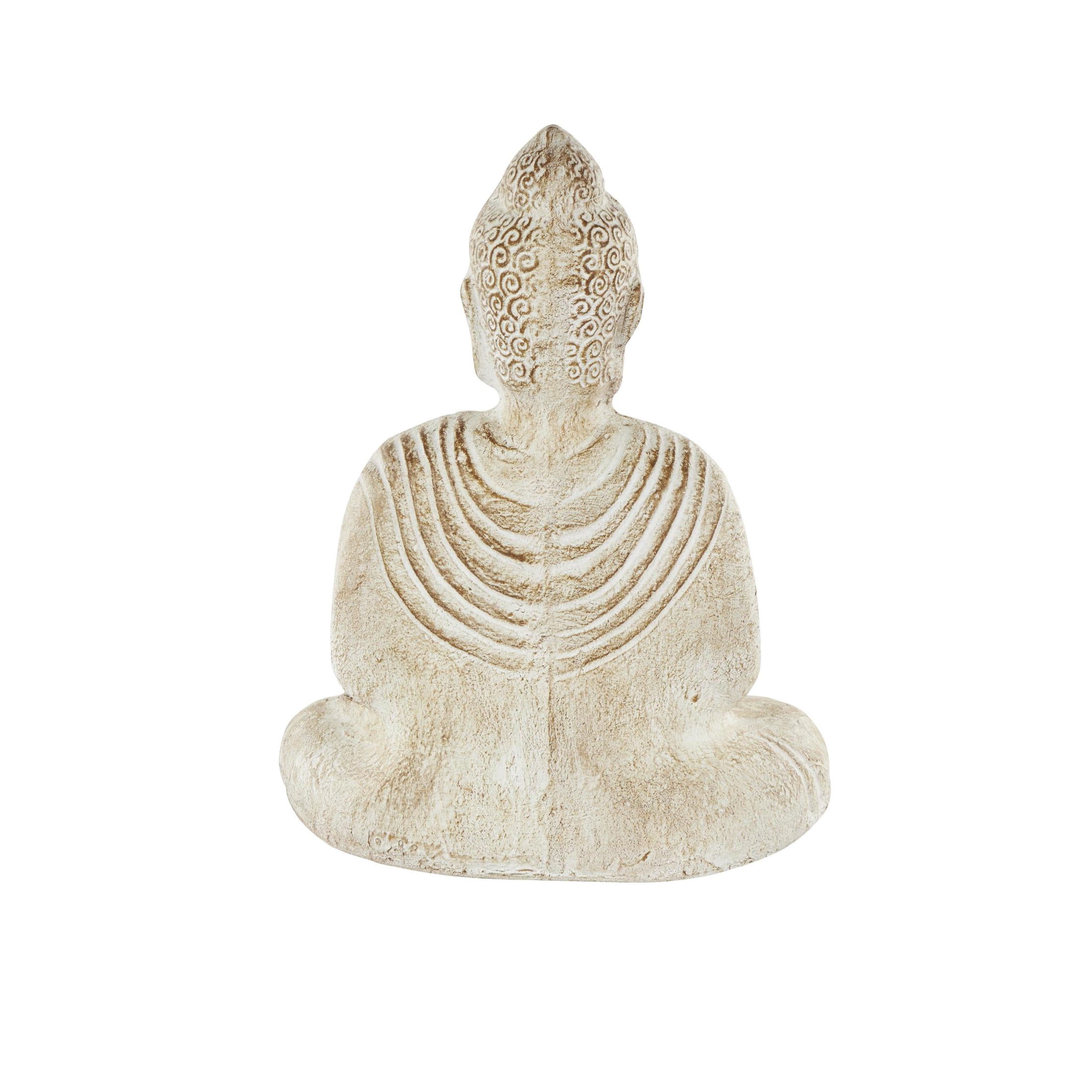 13" x 16" Cream Paper Mache Handmade Carved Buddha Sculpture with Brown Distressing, by DecMode