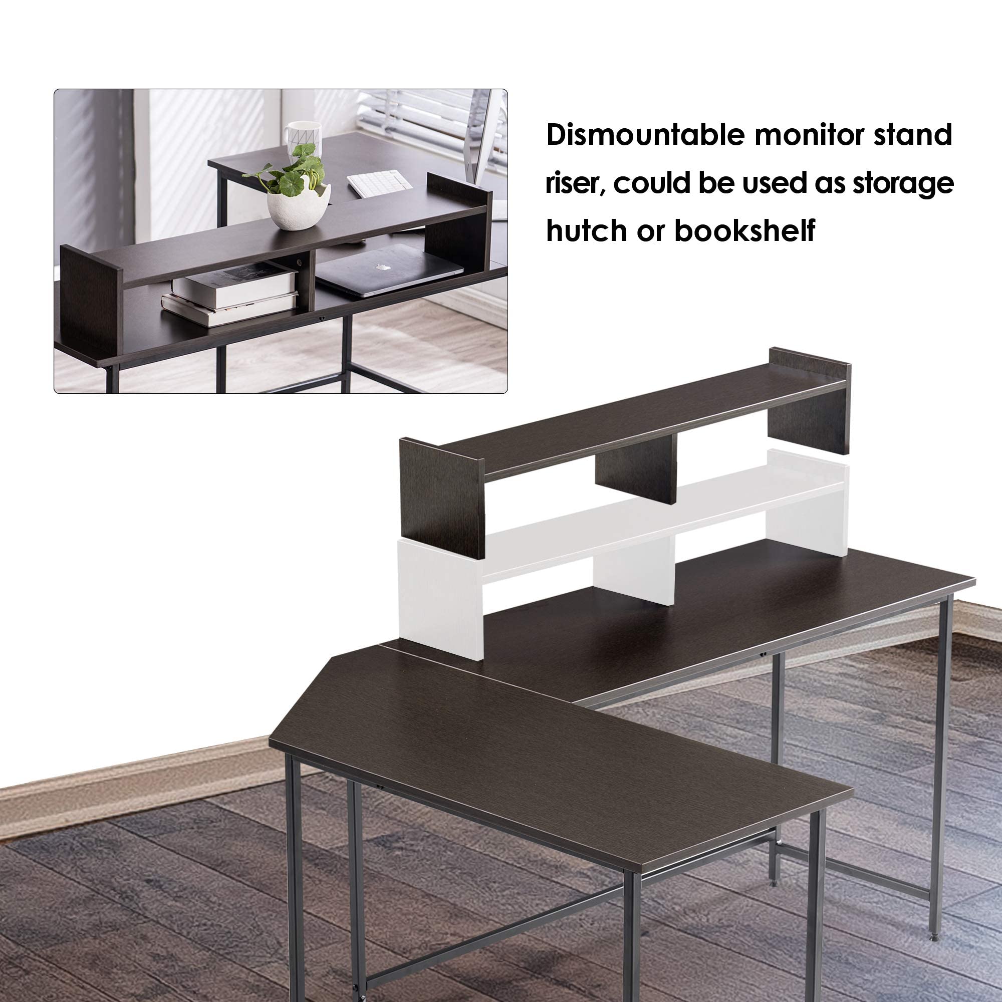 MCombo 62" L Shaped Computer Desk with Storage Hutch, Large Home Office Desk with Monitor Stand, Corner Desk for Living Room Bedroom, Dark Brown