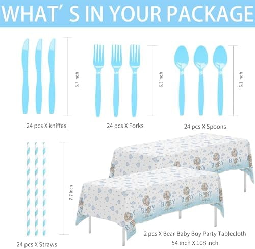 Bear Baby Shower Decorations Boy Tableware - Blue Bear We Can Bearly Wait Baby Shower Decorations Party Supplies, Paper Plate, Napkin, Cup, Cutlery, Tablecloth, 24 Guests$$