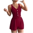 thumbnail image 2 of Matching Airport Travel Outfit Women Fashion Casual Solid Color V Neck Sleeveless High Waisted Shorts Red S, 2 of 5