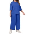 thumbnail image 5 of Solid Color 2 Pieces Plus Size Sets Women Three Quarter Sleeve Tops and Wide Leg Pants, 5 of 6