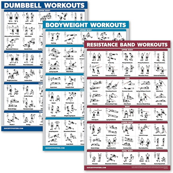 Palace Learning 3 Pack - Dumbbell Workouts + Bodyweight Exercises + Resistance Bands Poster Set - Set of 3 Workout