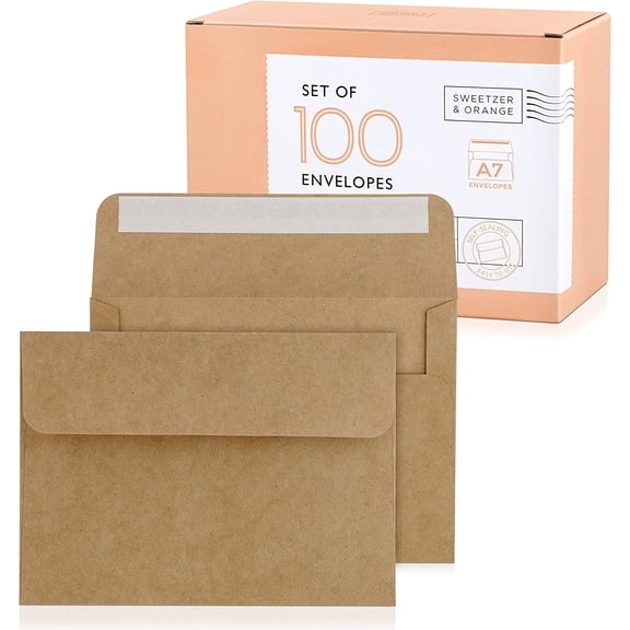 Orange A7 Brown Self Seal Envelopes, 100 Pack, 5x7 Inches(True 5.25 x 7.25 in.), Kraft 150gsm, Blank Envelopes for Invitations, Wedding, and Mailing
