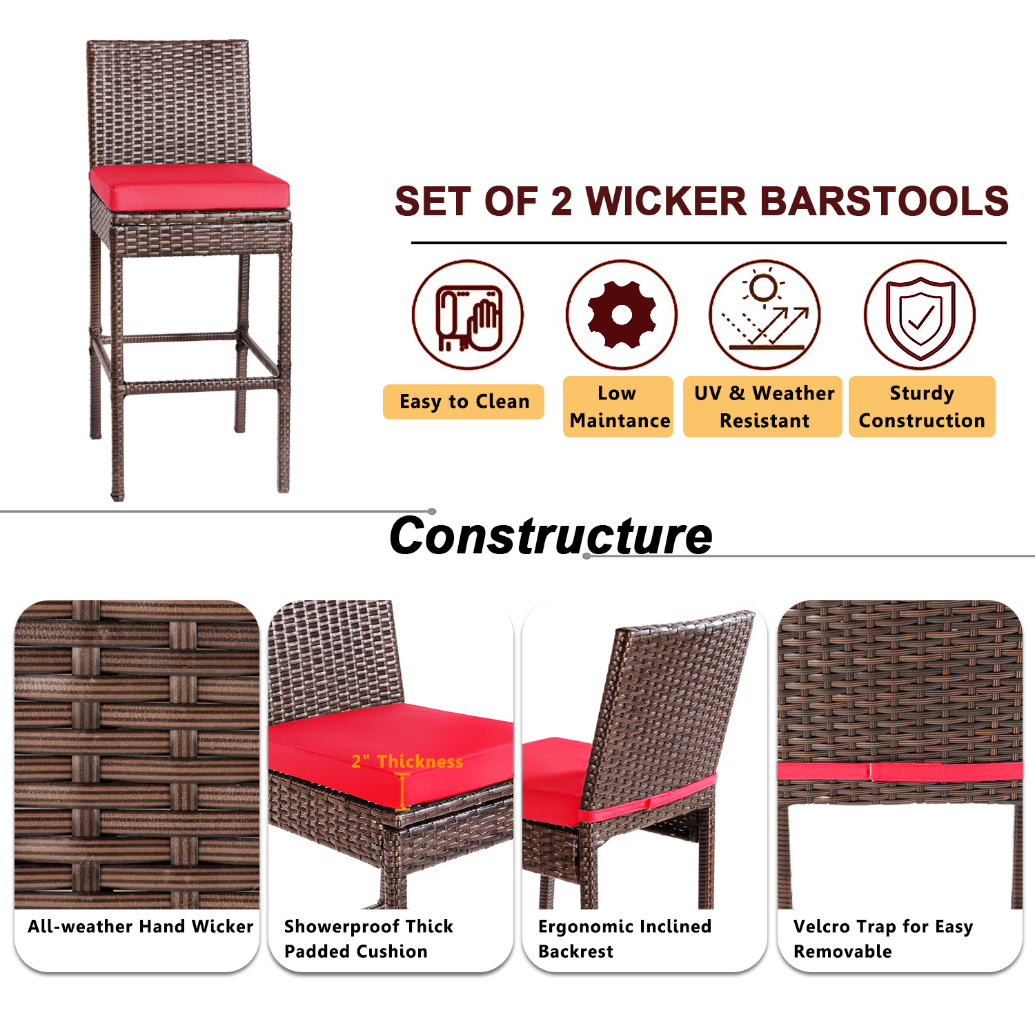Patio Stools & Bar Chairs Outdoor Wicker Bar Stools Set of 2 Counter Height Bar Stools Patio Chairs Bar Height with Footrest Armless Cushion Red All Weather Rattan for Garden Pool Lawn Backyard - image 5 of 7