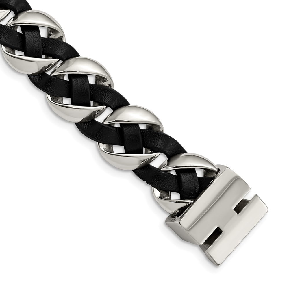 Diamond2Deal Stainless Steel Polished Black Braided Leather Bracelet for Men 8"