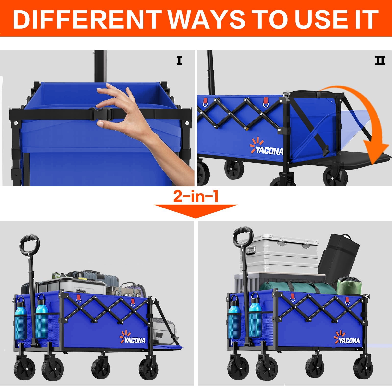 360lbs Foldable Wagon Cart with Extended Tailgate, Extra Long Folding Beach Wagon, Collapsible Cart with Wheels, for Grocery, Camp, Shop, Garden,Blue