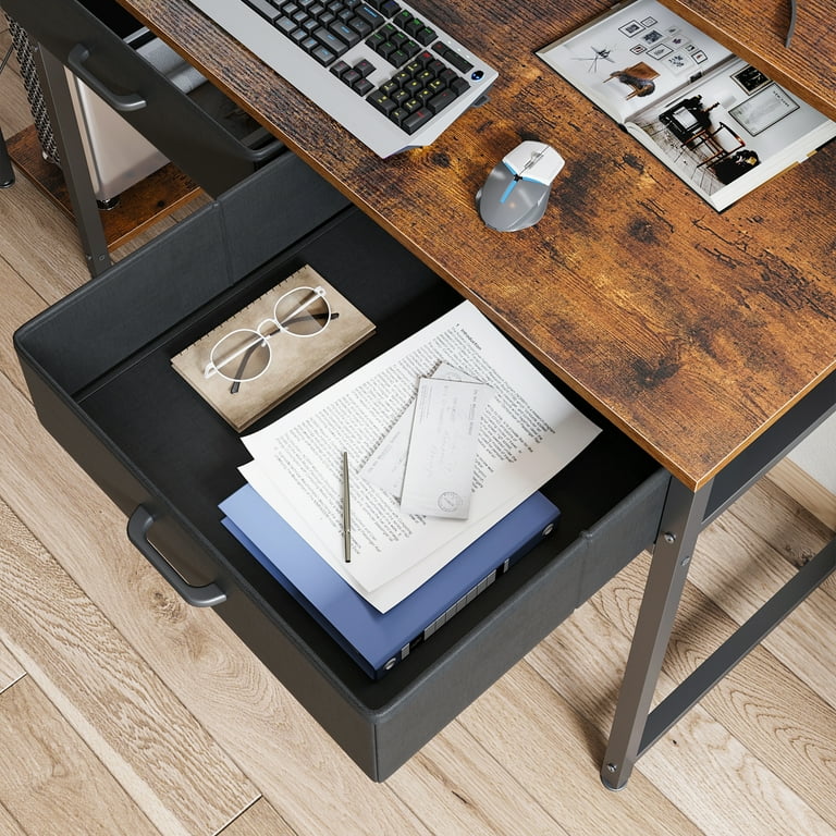 Computer Desk with Drawers and Storage Shelves 48 inch Home Office Desk with Monitor Stand Work Study PC Desk for Small Spaces Rustic Brown