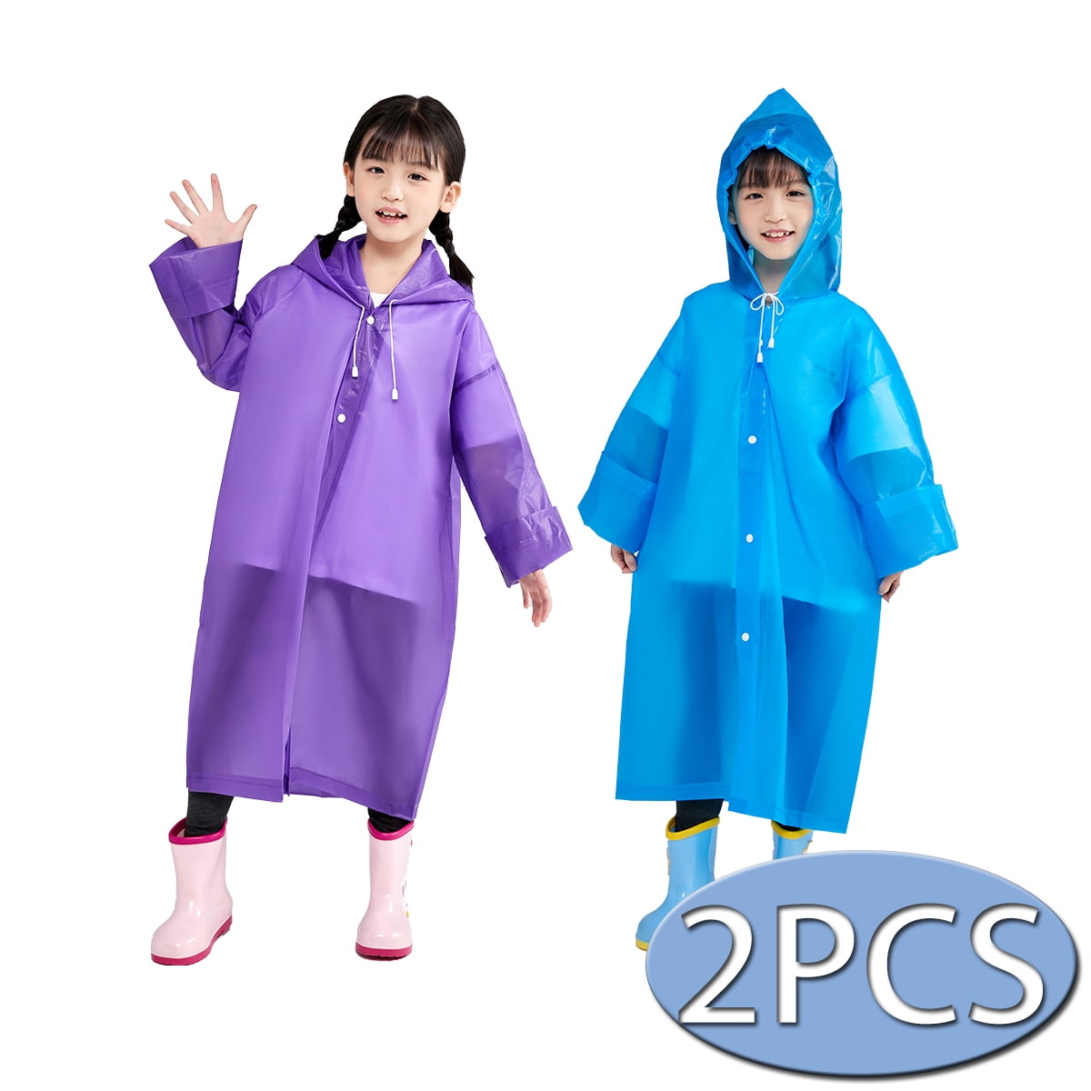 Raincoats for Kids Reusable Rain Ponchos with Hood and Sleeves Waterproof Rain Coats for Boys and Girls, 2 Pack