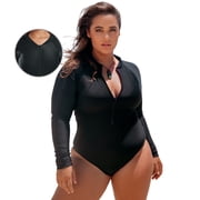 RELLECIGA Women's One Piece Bathing Suit One Piece Swimsuit Zipper Long Sleeve Rash Guard Swimsuit for Women Black Size L
