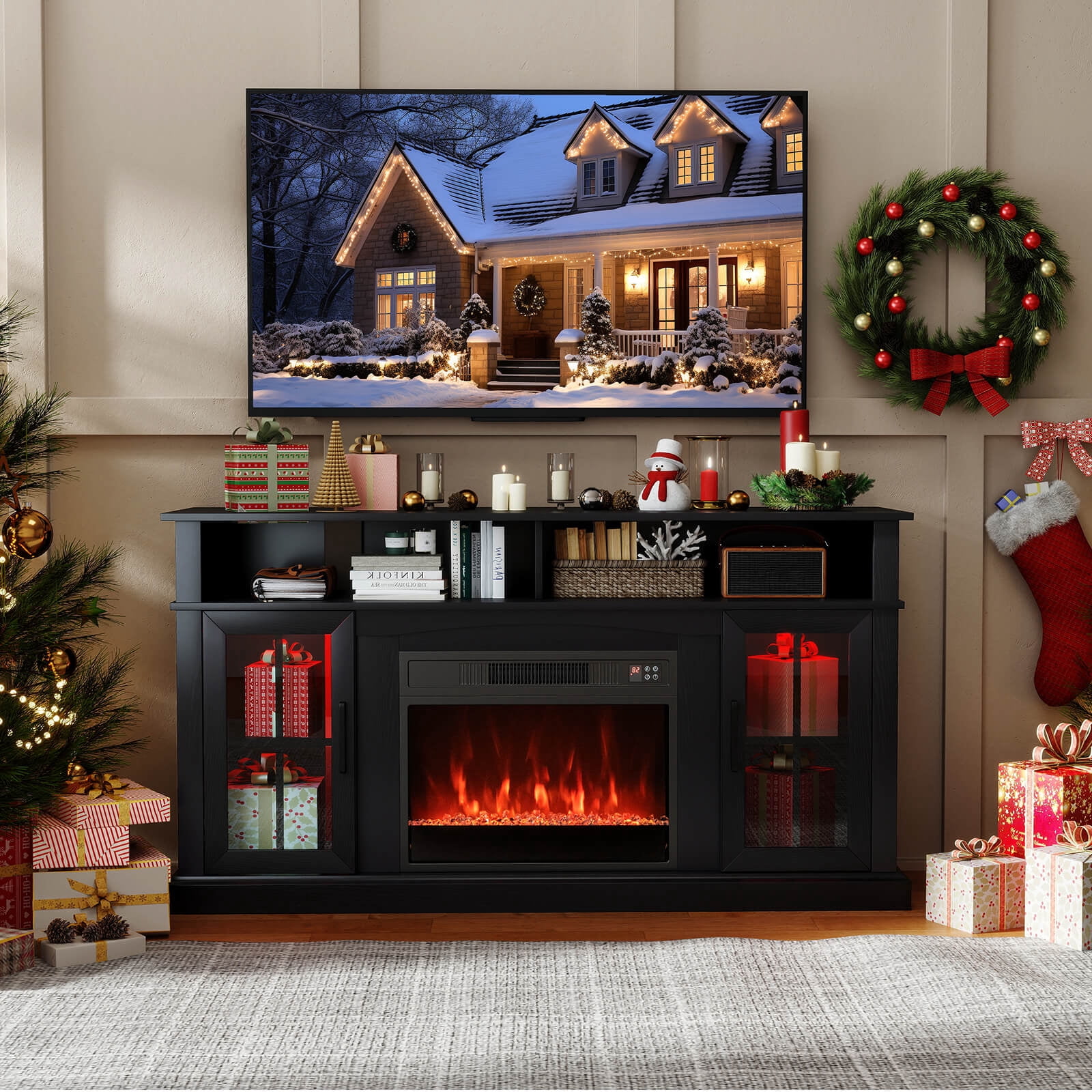 Costway 58" Fireplace TV Stand with LED Lights Entertainment Center for 65 Inch TV Black