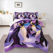 Manfei Teens Antarctic Penguin Full Size Comforter Sets, Dreamy Cute Animal Bedding Comforter Set, Purple Cartoon Style Reversible Bedding Sets, Super Cozy Room Decor, 3-Piece