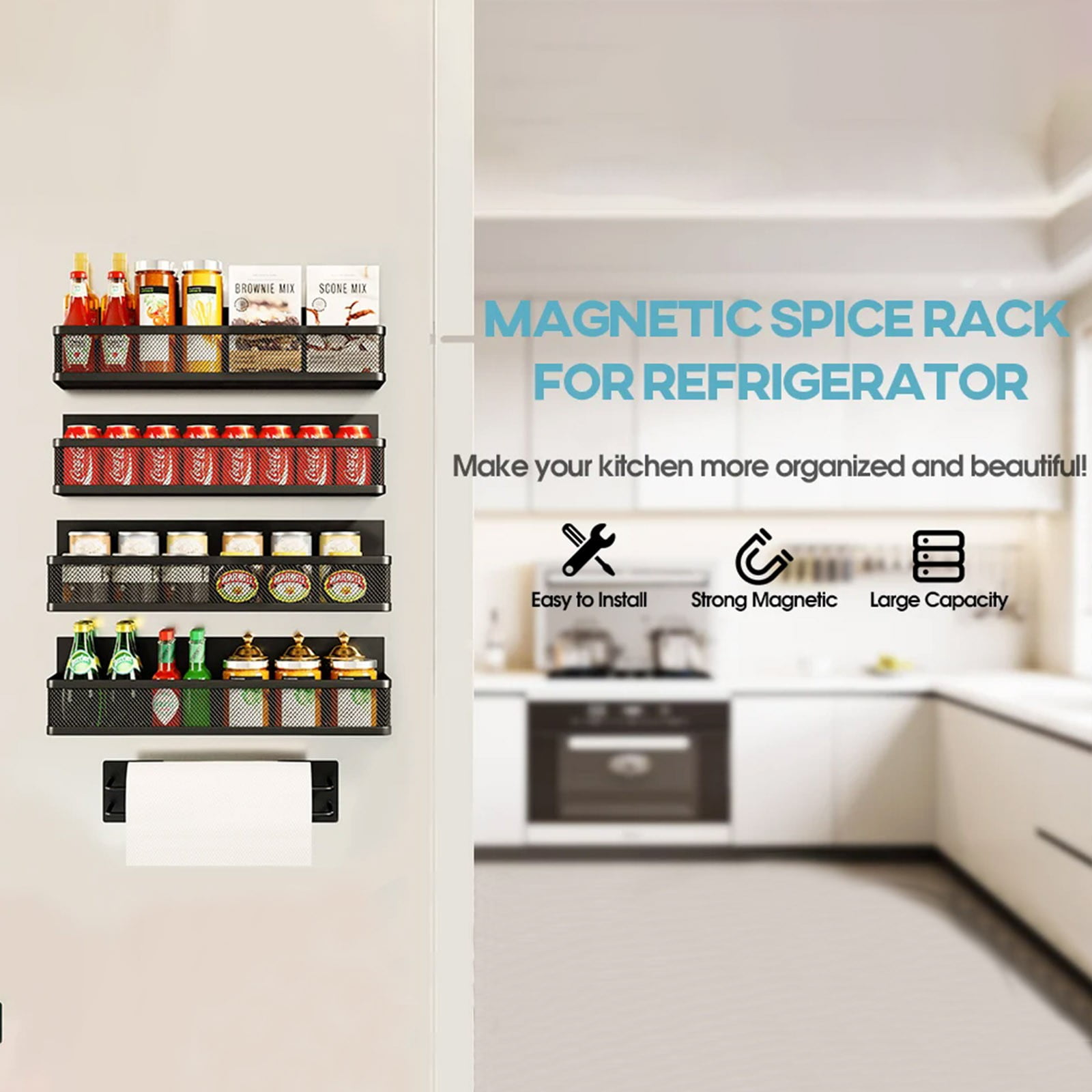 Gnmfd Wall Mounted Magnetic Spice Rack Refrigerator Side Organizer Shelf Strong Magnet Kitchen Storage for Spice Bottles Coffee Snacks Pantry, Easy Install, Home Restaurant Use