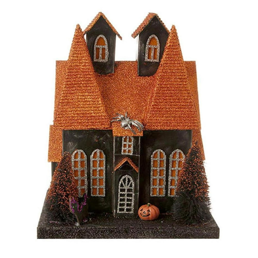 11.5" Lighted Orange and Black Spooky Haunted House