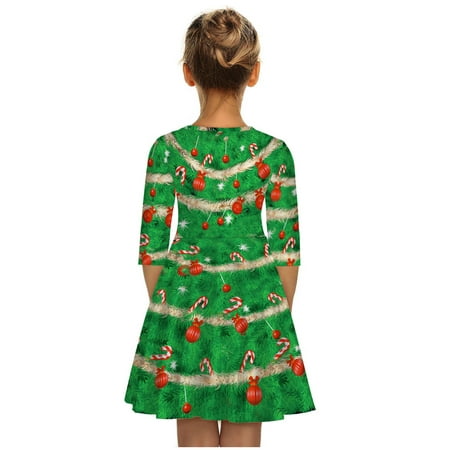 

DNDKILG Baby Toddler Girls Long Sleeve Christmas Dresses Spring Dress Sundress Green 7Y-12Y S