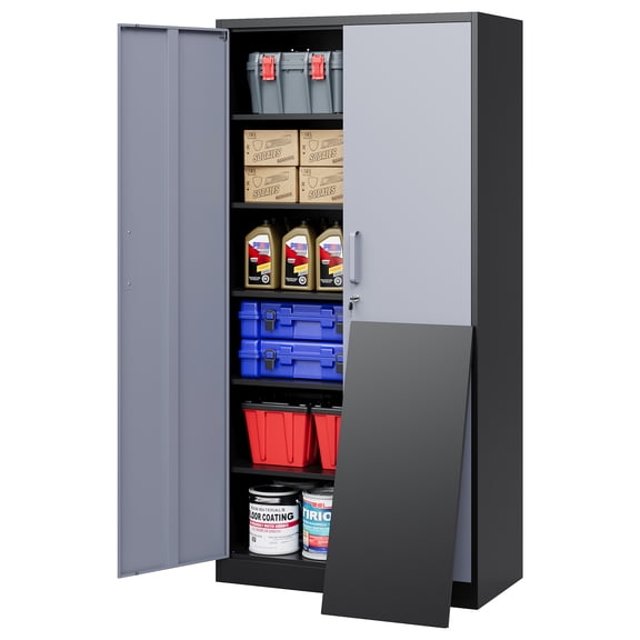 Fesbos 72" Metal Storage Cabinet with 5 Adjustable Shelves,Tall Lockable Tools Cabinet, Black&Gray Steel Garage Storage Cabinets for Home Office,Pantry,Hospital