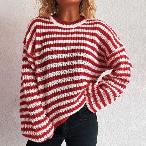 Suéter de cuello redondo para mujer, manga larga, cuello redondo, estampado a rayas, informal, suelto, de punto, top de poliéster para mujer