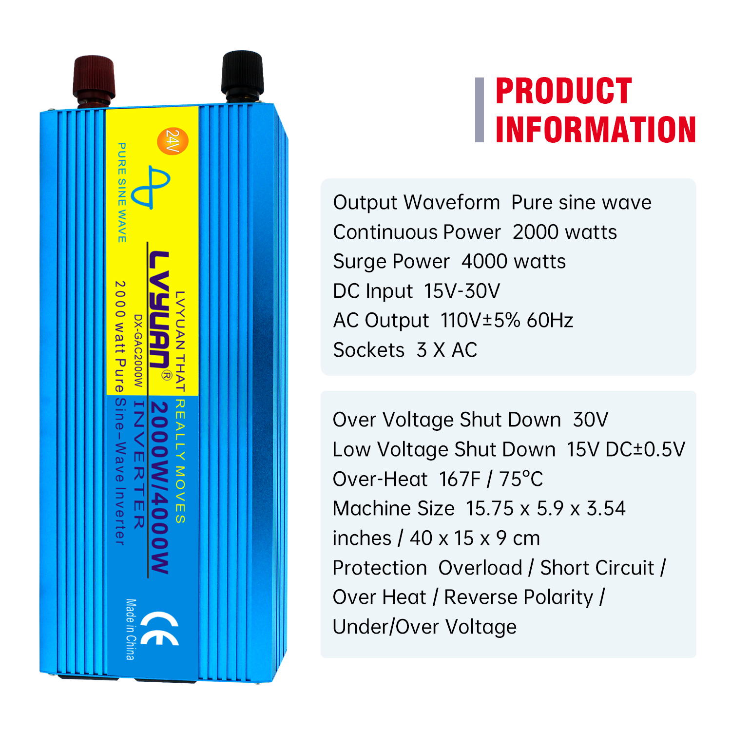LVYUAN 2000W 4000W Peak Power Inverter DC 24V to AC 110V Pure Sine Wave Car Battery Inverter 3 AC Outlets Charger Adapter LCD Display for Car, RV, Truck, Camping, Home Backup, Emergency Power