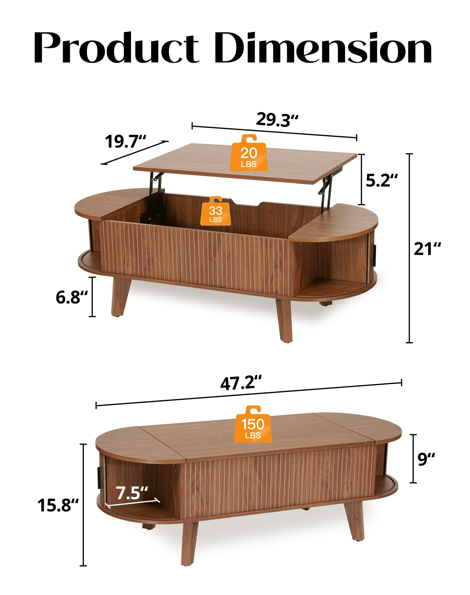 Putuo Decor 47.2" Oval Lift-Top Coffee Table with Storage, Fluted Tambour Door, Walnut