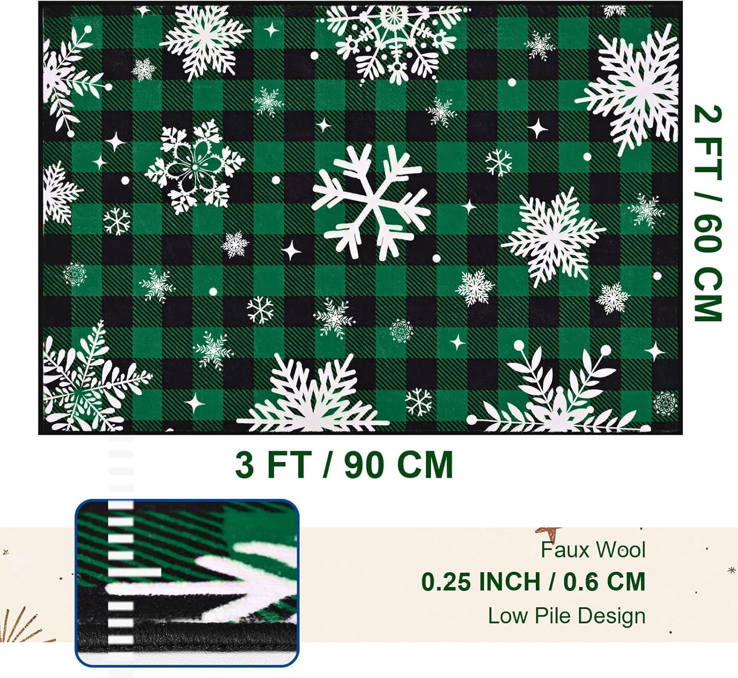 Bleum Cade Christmas Snowflake Area Rugs 2x3 Entryway Rug, Green Buffalo Plaid Non Slip Washable Door Mat,Outdoor Indoor Welcome Mat for Entrance,Christmas Decorations
