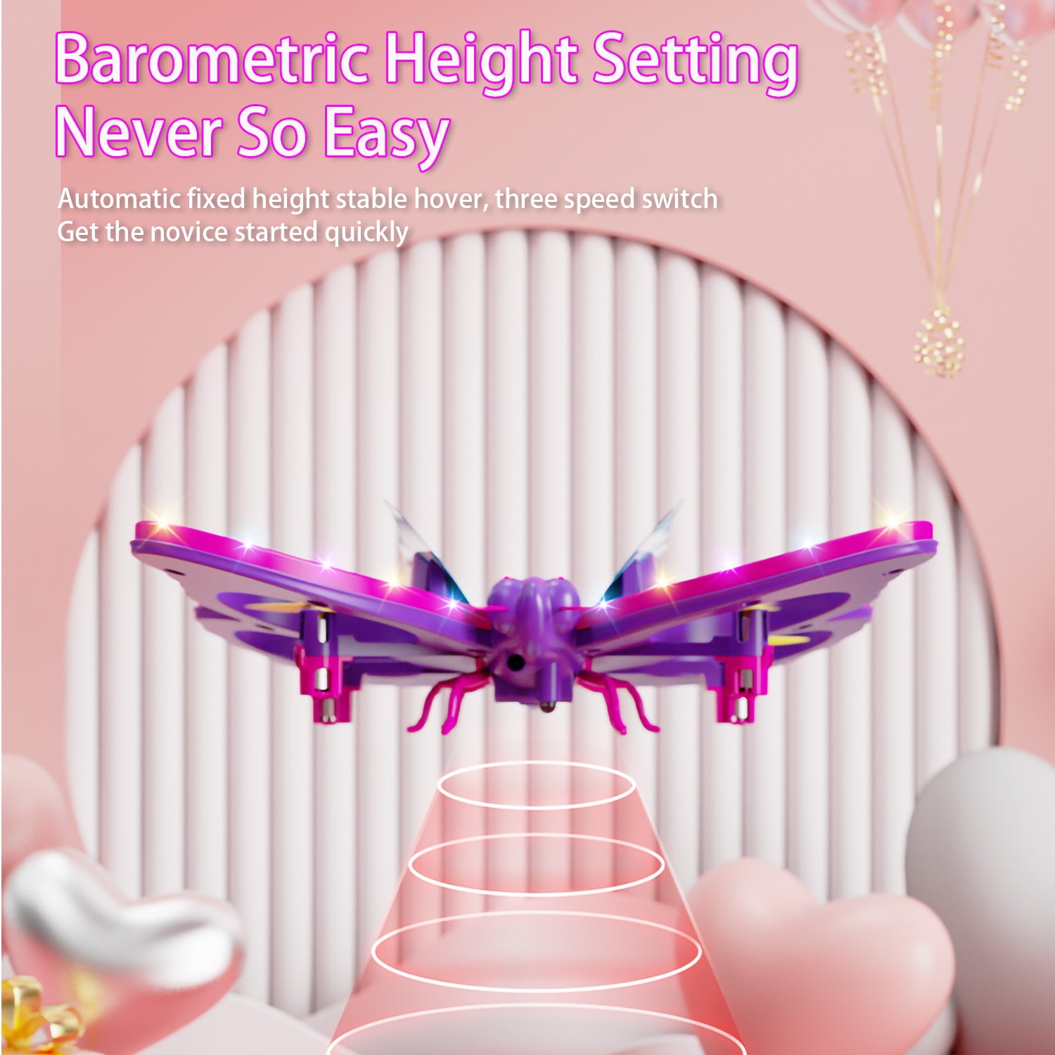 Gmdisc Remote Control Butterfly Drone for Kids with Colorful Lights, 2.4GHz RC Flying Toy with 3D Flip, Gravity Sensing, Altitude Hold, Pink Mini Quadcopter Gift for Girls