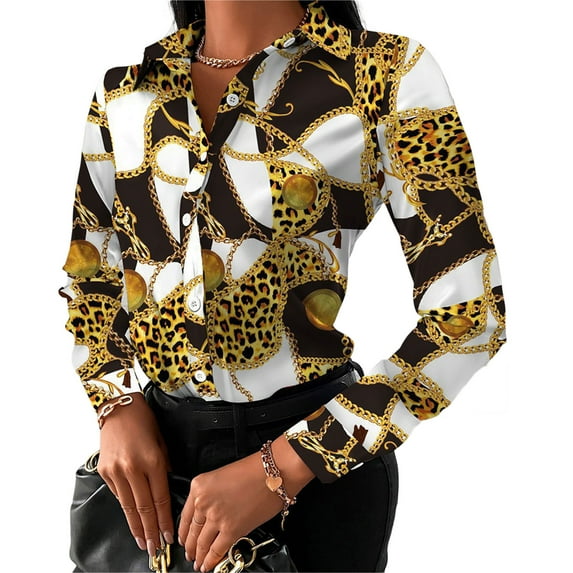 Komoo Women Turn-Down Collar Long Sleeve Blouses Chain Floral Geometric Print Fashion Business Elegant Shirts Top