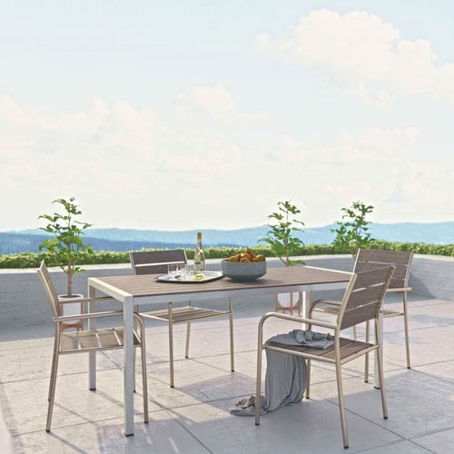 Modway Shore 5 Piece Outdoor Patio Aluminum Dining Set in Silver Gray