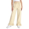 thumbnail image 6 of dazeni Girls Gingham Pants Kids Casual Elastic High Waist Plaid Trousers Soft Ruffle Hem Wide Leg Pants with Pockets Khaki 9-10 Years, 6 of 7