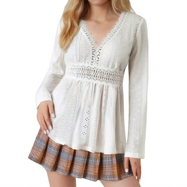 NINGMENG Womens Tops Solid Color Spring Elegant V Neck Patchwork Lace Long Sleeve Tops Pullover Tee Shirts Daily-Wear,White,L