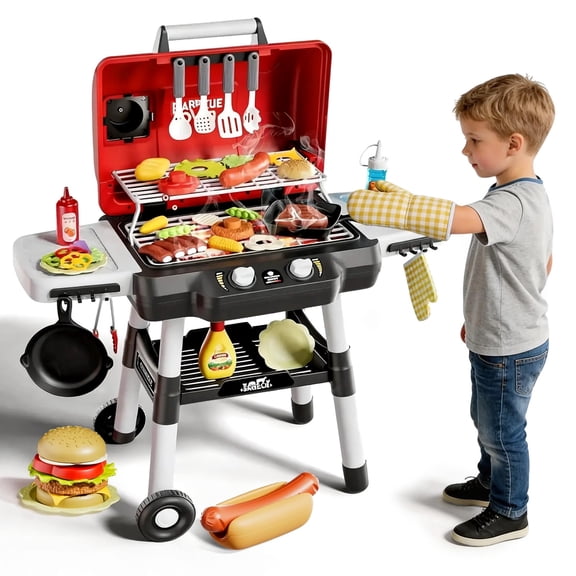 Caunedy Kids Play Kitchen Toys,BBQ Grill Playset,Smoke Sound Light,2-Layer Barbecue with Wheel,Outdoor Play Grillfor Ages Toddlers 3-5