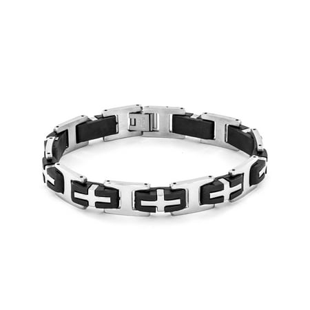 Diamond Cross Link Bracelet - Men's Stainless Steel and Rubber Cross Link Bracelet