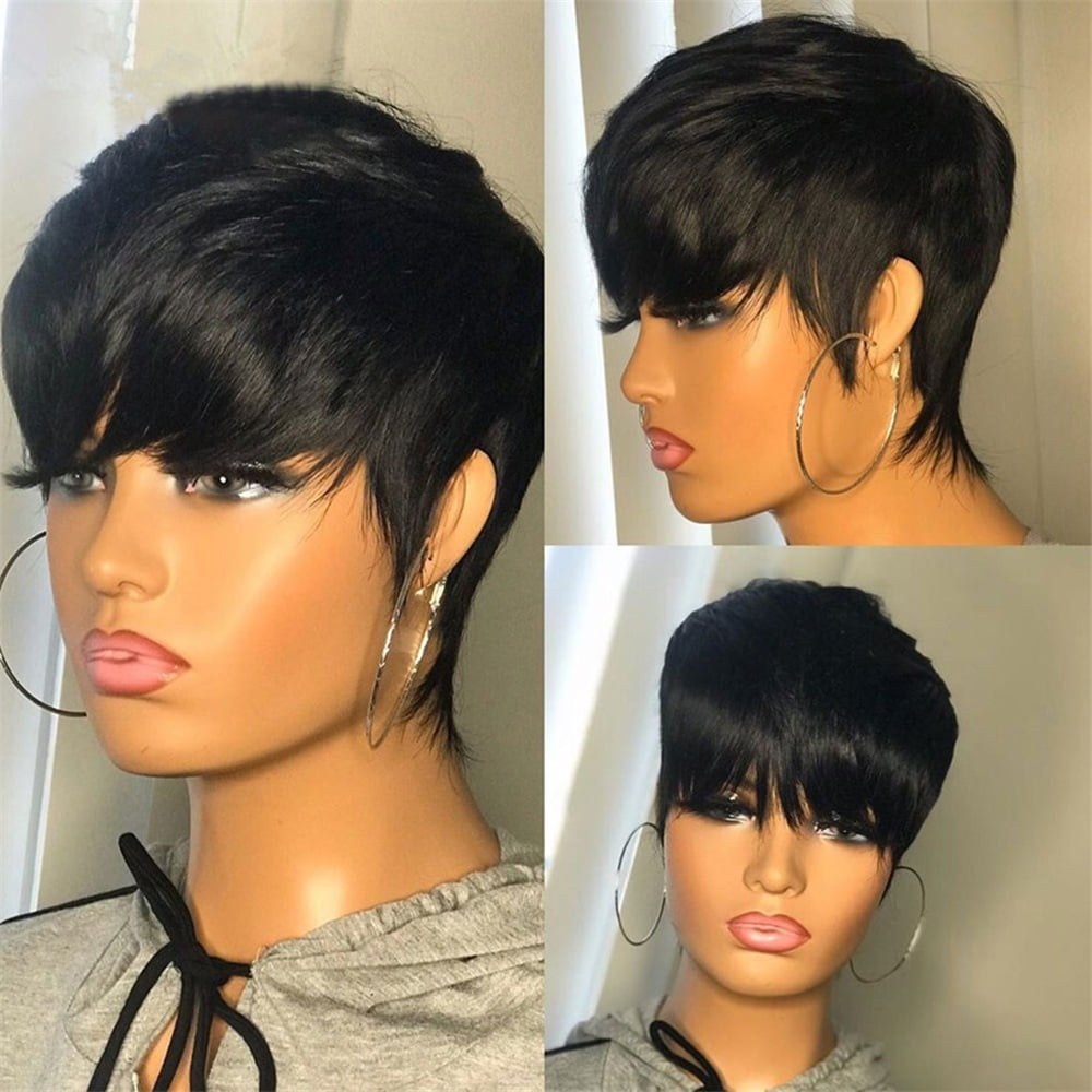 Short Human Hair Wigs Machine Made Wigs with Bangs No Lace Wig