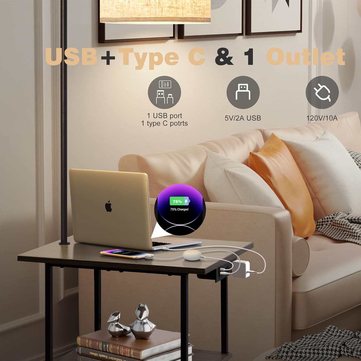 Floor Lamp with Table, End Table with Charging Station(USB & Type-C & AC Port), 3 Color Temperatures 9W LED Bulb, Modern Shelves Side Table for Bedroom, Living Room (Rustic Brown)