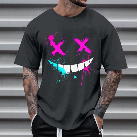 Jessboyy Big and Tall Graphic Tees for Men Summer Short Sleeve Shirts Funny Printed Round Neck T Shirts Loose Summer Tops Casual T-shirts Gray,S