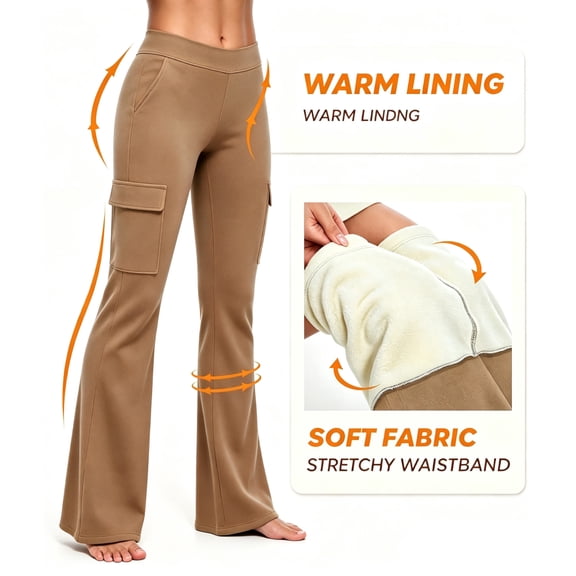 Women's High Waisted Fleece Lined Leggings with Pockets Solid Color Soft Stretchy Cargo Flare Pants for Winter