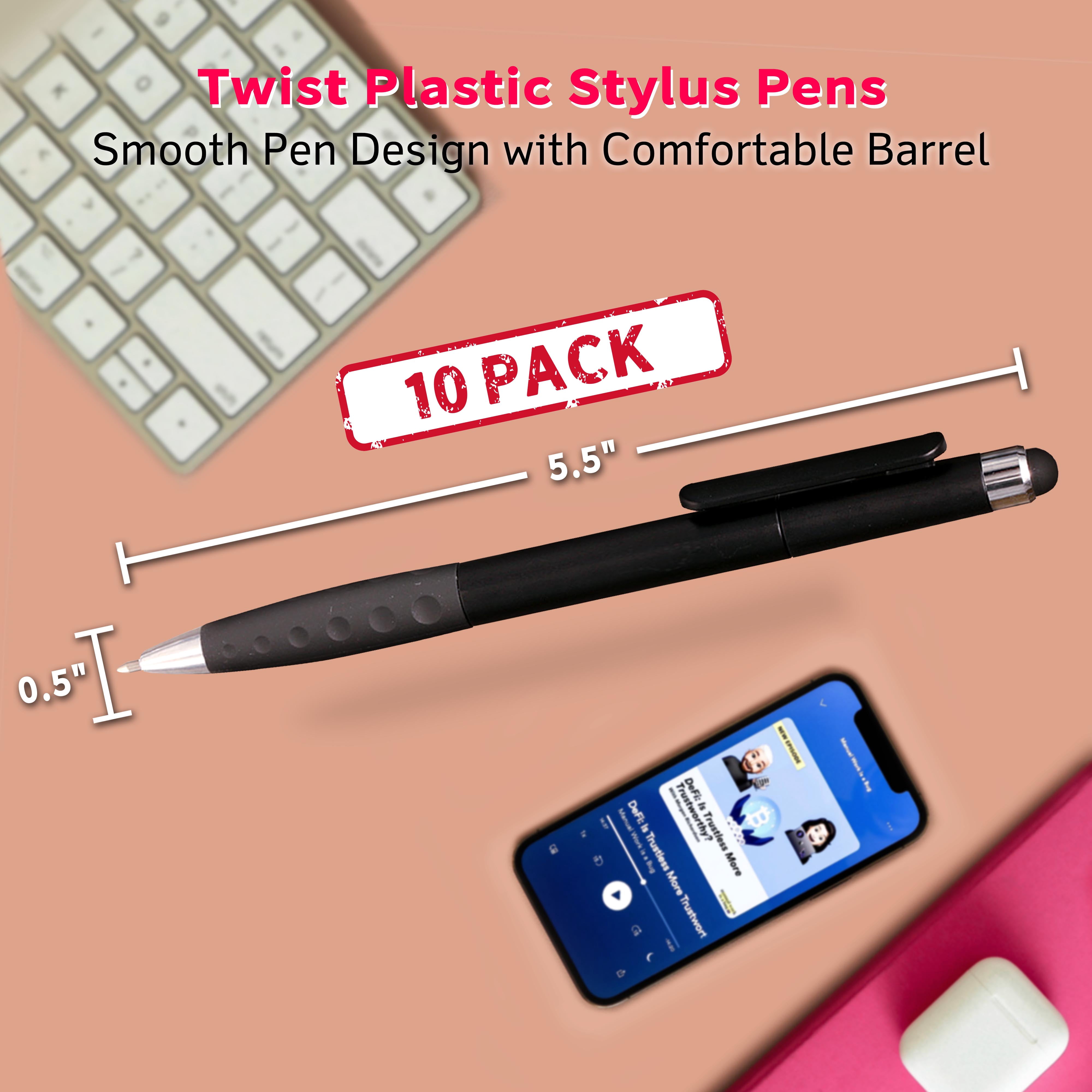 10 Twist Plastic Stylus Pens Pack - Ballpoint, Rubber Grip - Black